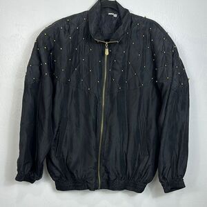 Fuda International Vintage Silk Black Studded Quilted Bomber Jacket Size XL